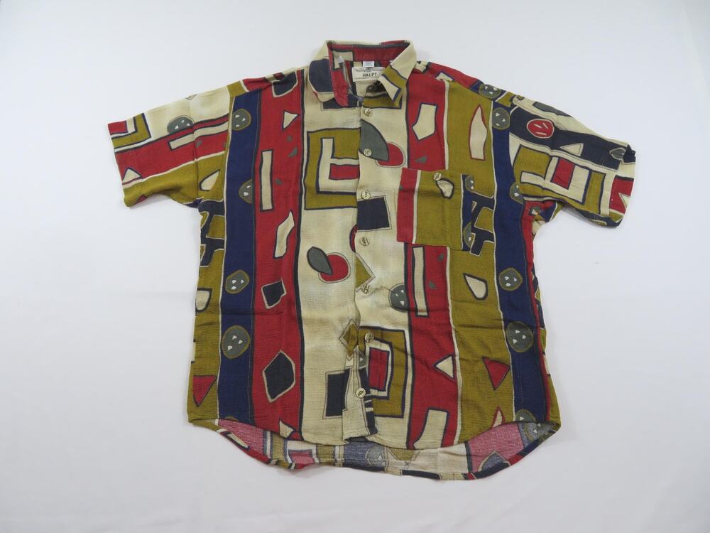 Haupt Woven Shirt, Casual Abstract, Beige Red, Sz 44-XL 17 1/2 1990s